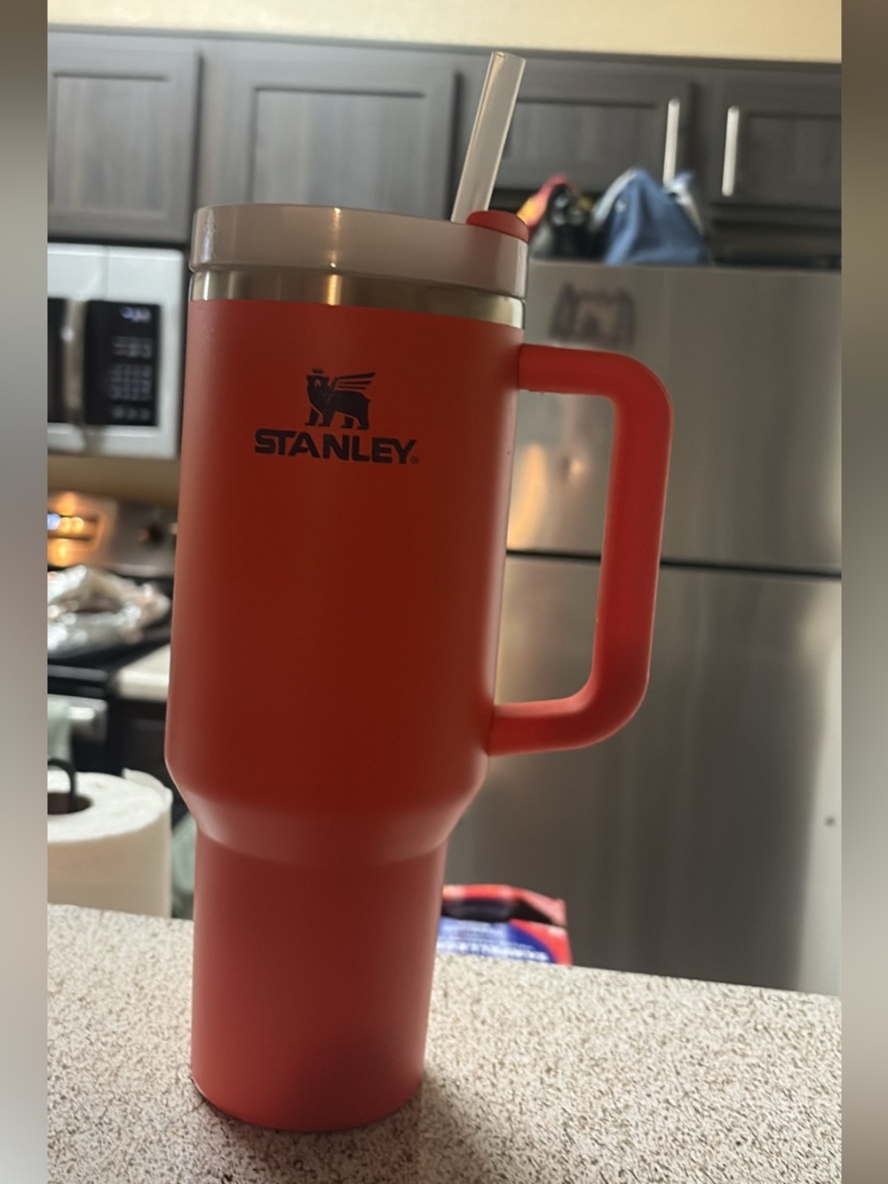 Stanley Coral/orange Insulated Travel Mug with Handle and Straw